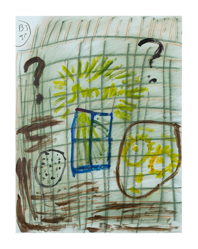 a mostly light green artwork. theres a large and fuzzy grid behind some smaller and more concise little painty drawings - one of a face with big yellow eyes, a small circle with little flecks, and a window and question marks