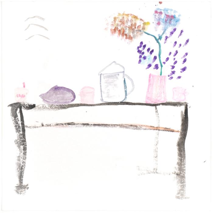 A watercolor on paper still life artwork featuring a table setting with a large flower pot, vase, owl and pitcher. 