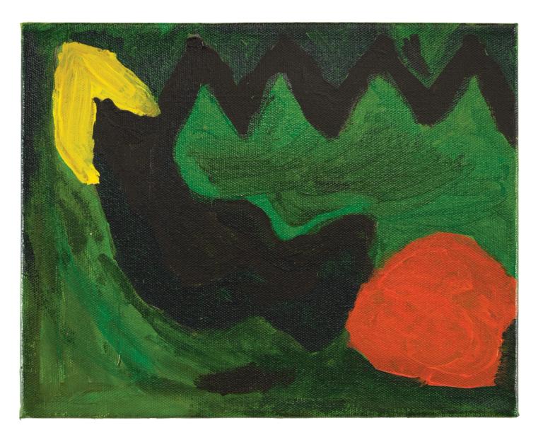a small mostly green painting thats semi abstract. at top left is a small yellow shape which is butted against a black shape the comes zig zagging in from the right. at bottom right - a reddish orange circle.