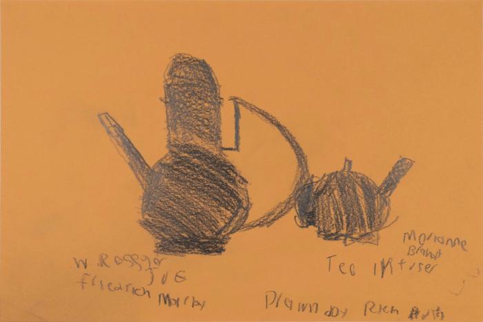 A pencil on beige construction paper drawing of a coffee pot and tea infuser. 