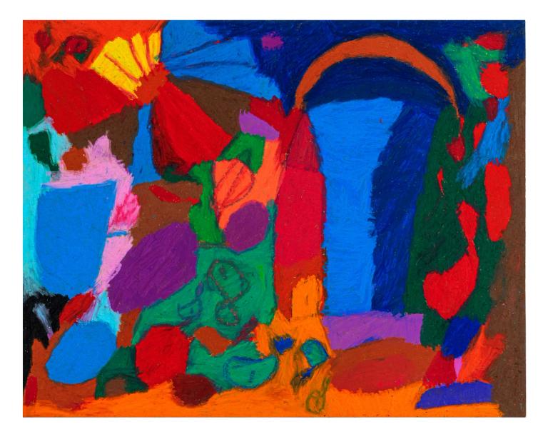a very saturated and colorful drawing in oil pastel. there are many small patches of color with a mostly orange ground and dark blue at the top. the shape of a house is vaguely discernible in the center and some notation that looks like musical notes.