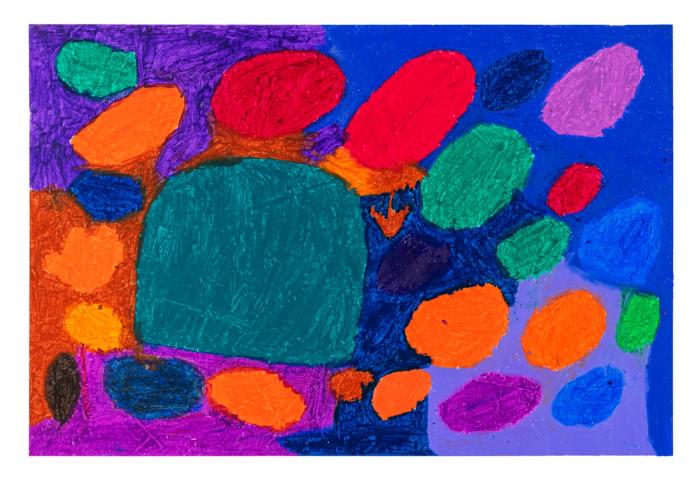 Colorful abstract painting with various shapes and colors on a blue background