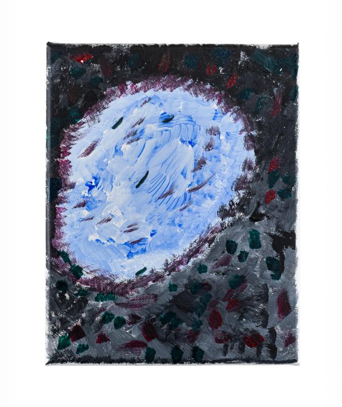 a light blue fuzzy shape against a dark grey speckled ground. it looks cold. 