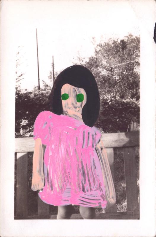 Pink, green, and black paint markers applied to a found photograph of a young girl standing in front of a picket fence, with a tree-filled yard behind her.