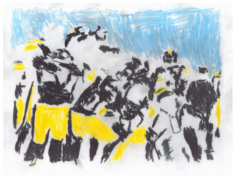 a drawing in colored pencil with black yellow and blue. the marks are scribbly and dense and it loosely coagulates into figures standing in a group