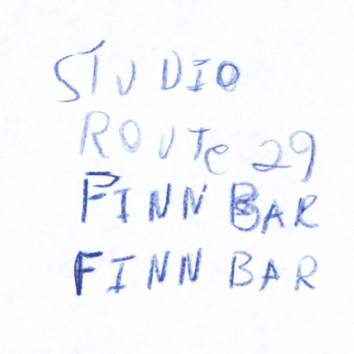 handwritten text that says 'STUDIO ROUTE 29 FINNBAR FINNBAR'