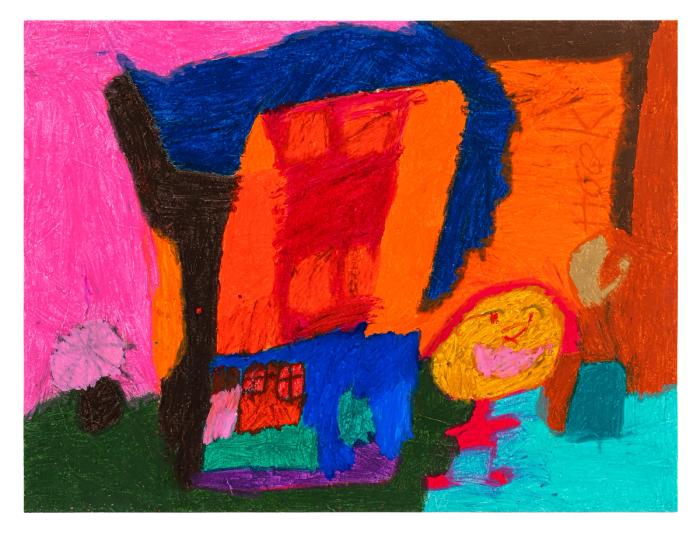 Colorful abstract painting with a house and sun on a pink background