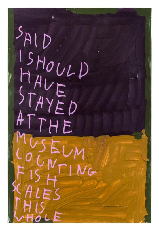 a painting on paper loosely divided in half horizontally, with the top painted very dark purple and the bottom a tan/yellow. The outsides are marked with confident green brush marks. Text is written in large pink colored capitals which says: 'Said i should have stayed at the museum counting fish scales this whole'