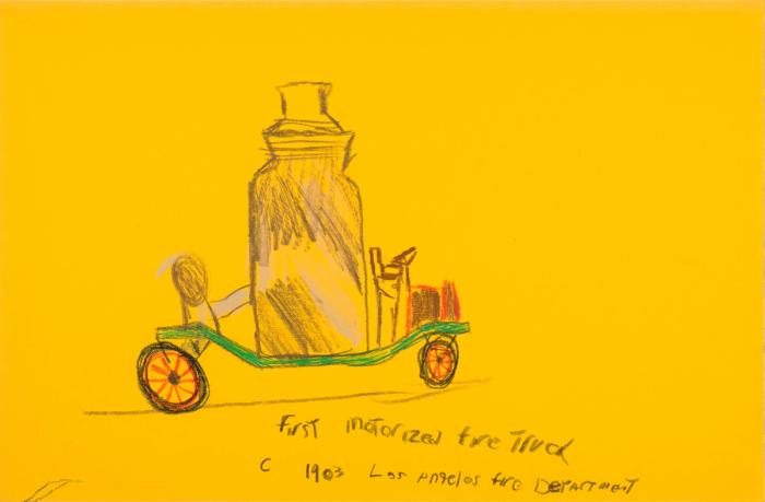 Colored pencil drawing on yellow construction paper of an early automobile. Below the image is handwritten text that reads, 'First Motorized Fire Truck. Circa 1903, Los Angeles Fire Department.'
