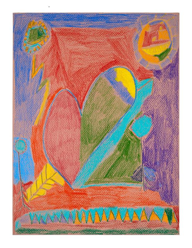A brightly colored pencil on paper piece, featuring a combination of geometric and amorphous shapes and patterns.