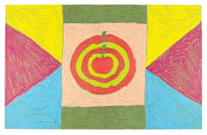 A colored pencil on paper artwork with geometric and fruit themed patterns. 