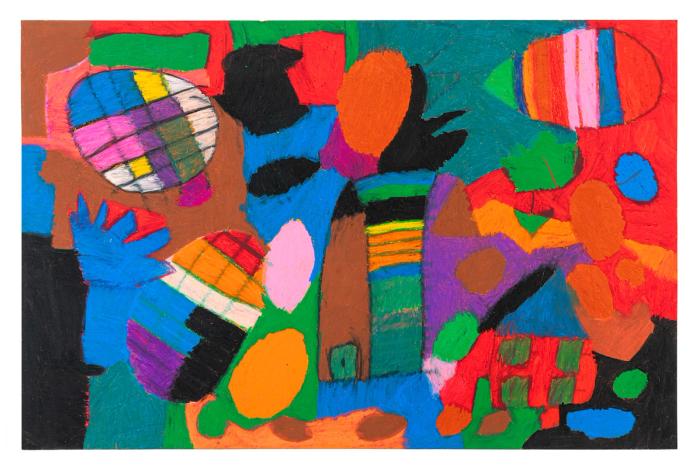 a highly colorful drawing with thickly applied oil pastel. the overall sense is of abundance, radiance, and pleasure. there is a vaguely distinguishable house form as well as two gridded ovals. 