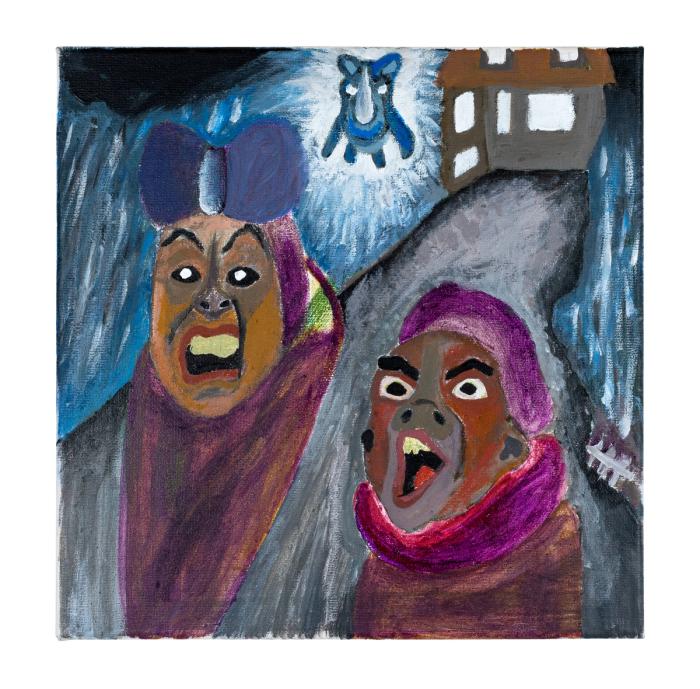 a square shaped painting in mostly blues and purples. there are two main figures in the foreground, who have their mouths wide open in yells or laughs. their eyes are wide and they each have grey, tan, and brown colored featrures. behidn them is a flying blue animal that appears to be glowing, which is flying by a house.