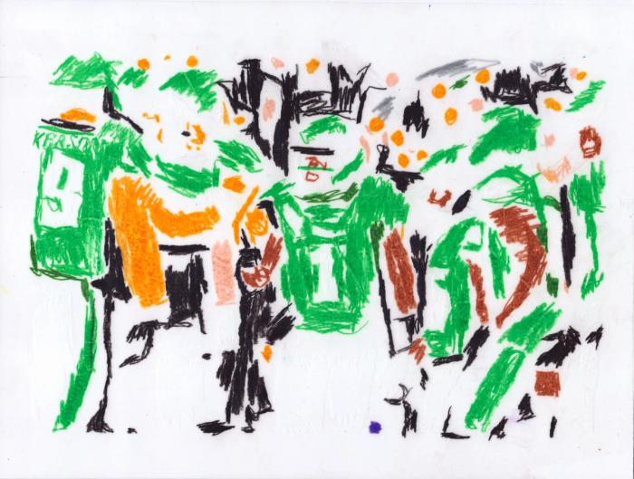 Abstract rendering of the Philadelphia Eagles NFL team, created with colored pencil line work in green, brown, orange, and black.