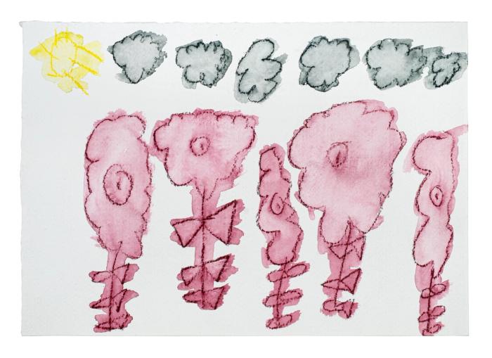 A minimalist watercolor painting of pale red florals under a group of dark rain clouds and a small sun.