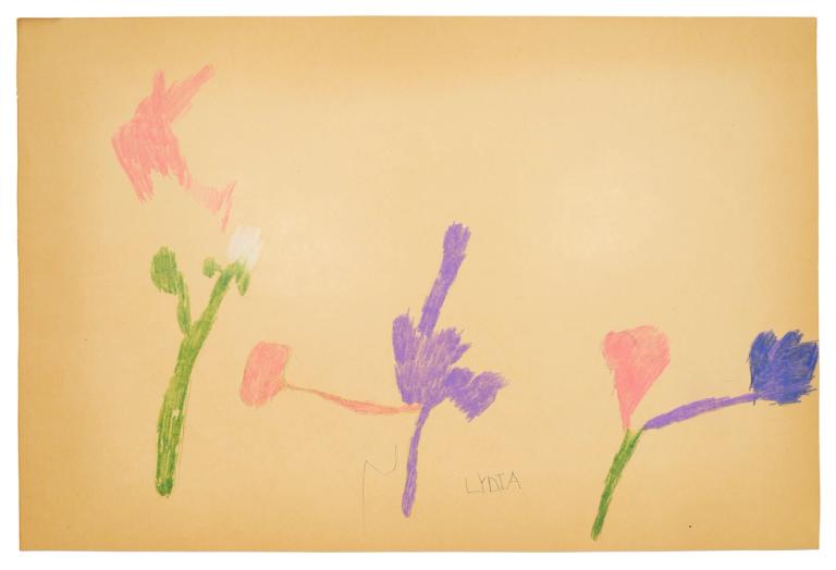 Abstract interpretations of flowers drawn with colored pencils on sepia-toned tan paper, with the word 'Lydia' handwritten in small print.
