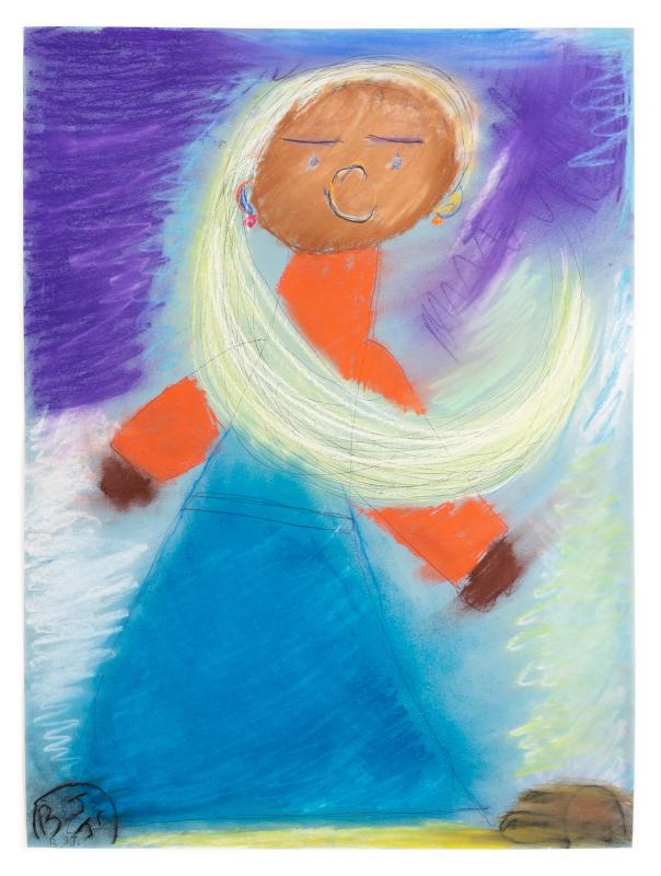 Blue and orange pastel surrounding a smiling character with a pink face and white hair.