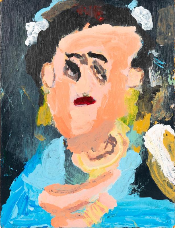 A vivid, textural painted portrait of a light skinned woman with a blue dress surrounded by black and blue brush work. 