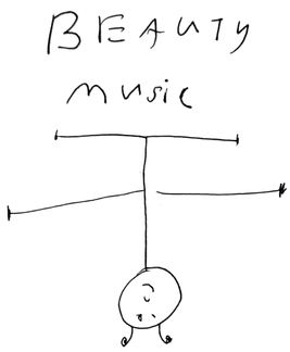 a hand drawn logo with black handwriting that says 'beauty music' and a little drawing of an upside down alien stick figure