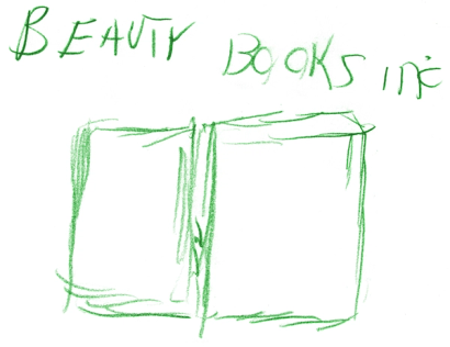 a hand drawn logo with a drawing of a book and the words 'beauty books inc'