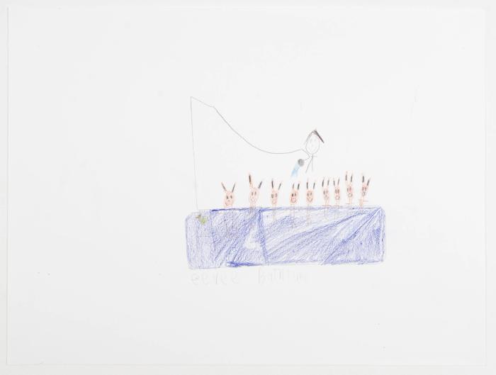 Colored pencil drawing on paper depicting nine 'Eevee' Pokémon in a bathtub, being washed by a stick figure.