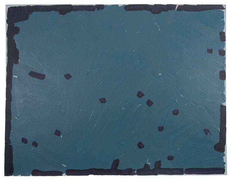 a gray and black abstract painting with visible brush strokes. mostly a blue gray with a rough outline in the black color