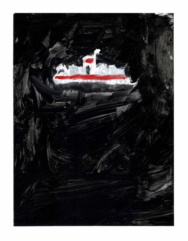 A painting featuring bold black brushstrokes with a small white and red boat. The piece is an artistic interpretation of the Cabin Fever Entertainment film production company logo.