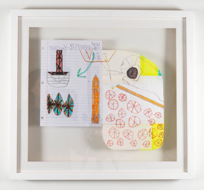 A mixed media artwork in a spiral-bound notebook, with the text 'Thursday-September-16-2021' written at the top. Below the date are multicolored geometric patterns, and to the right, outside the notebook, is another page featuring a hand-like shape and more circular pattern work.