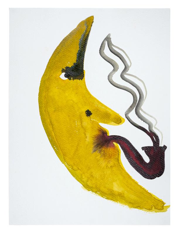 Illustration of a crescent moon with a pipe and hat on a white background