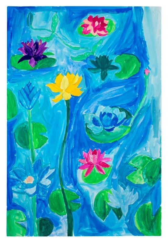 Colorful painting of water lilies and lotus flowers on a blue background