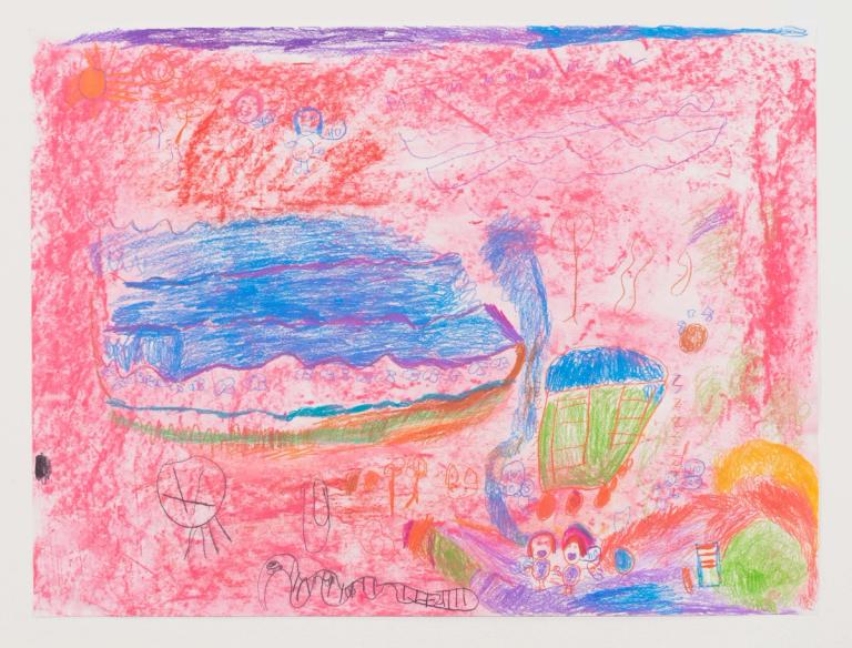 An artwork depicting red pastel and colored pencil illustrations of people, vehicles, and animals beneath a glowing sun.