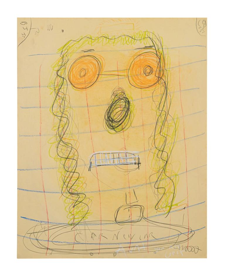 a largely tan artwork with a face in the center and a loose blue and red grid. the face is making a nervous expression with teeth showing and large orange eyes.