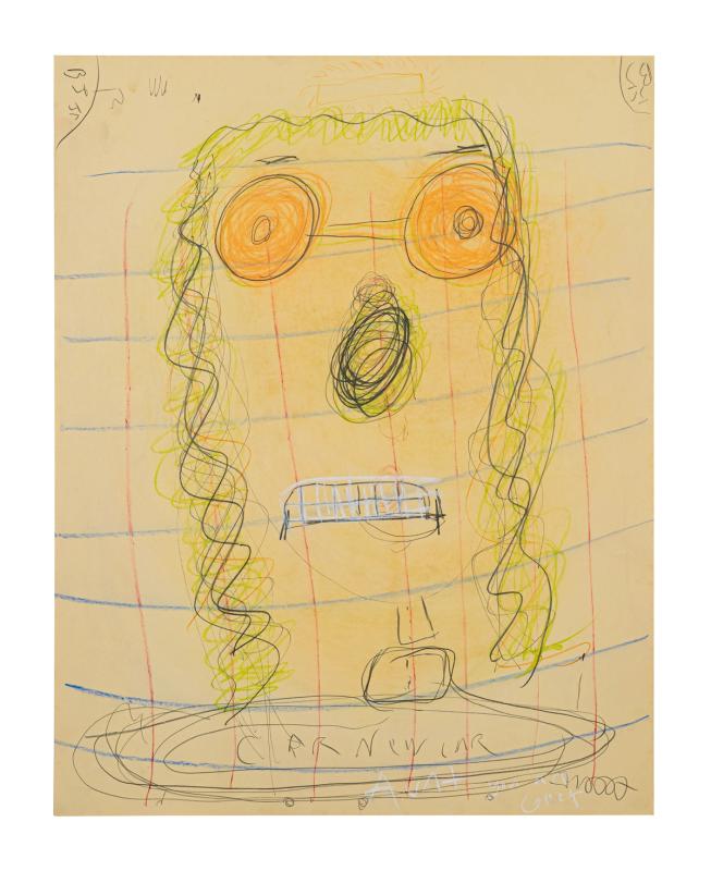 a largely tan artwork with a face in the center and a loose blue and red grid. the face is making a nervous expression with teeth showing and large orange eyes.