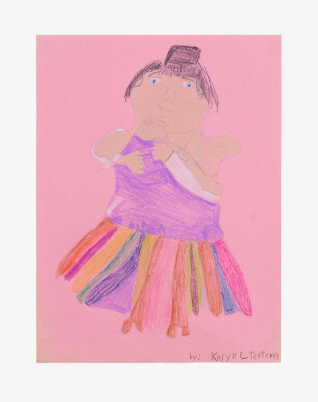 A colored pencil on pink construction paper drawing of a light skinned figure in a colorful striped dress.