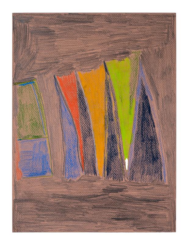 A gestural colored pencil on paper artwork depicting geometric shapes in blue, green, orange, and yellow against a shaded background.