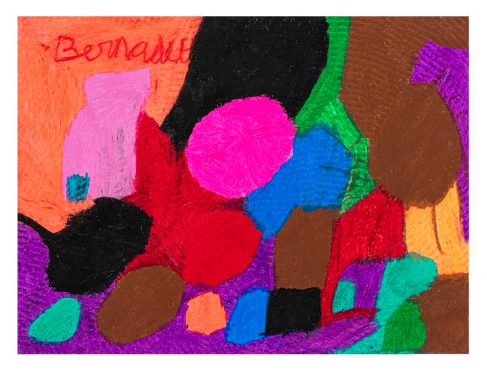 Colorful abstract art piece with geometric shapes on a textured surface.