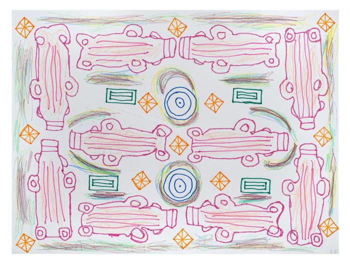 an almost symmetrical drawing, with large pink-outlined forms that look like amphora ot animals from above. theyre surrounded by abstract shapes like diamonds and rectangles