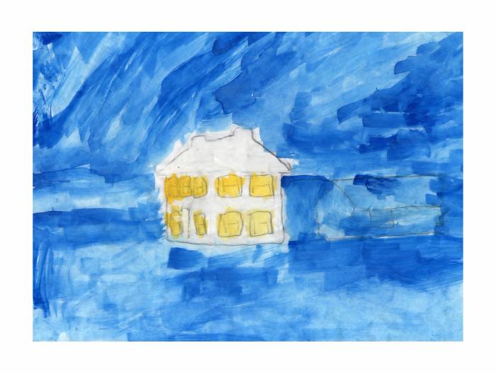 A painting of a house-like structure with yellow windows, set against a blue background.