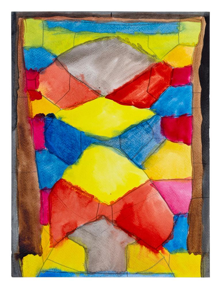 a watercolor of a loosely geometric repeating pattern. the middle section is organic diamond shapes in luminous yellows, reds, and blues, and the top, left, and right edges are dark.