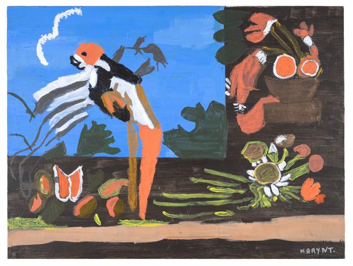 a painting of a bird in front of a window to a blue sky. there are plants around in oranges and yellows and the birds body is black, white, and orange