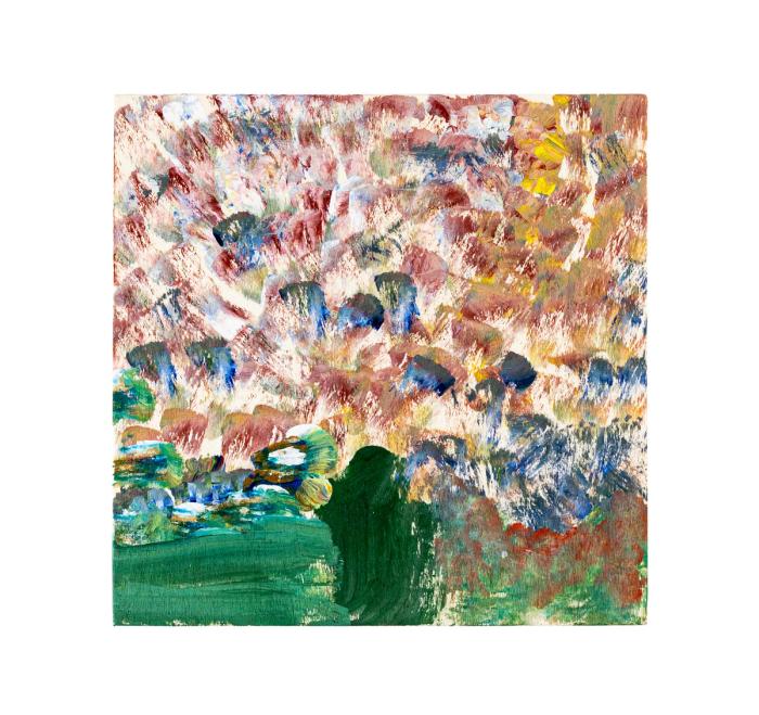 Abstract painting with a green shape in the foreground on a white background