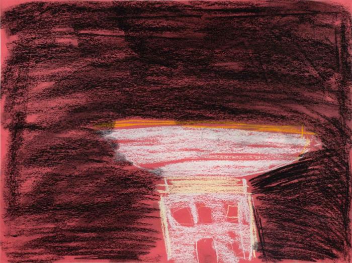 Chalk pastel artwork of a white satellite-like structure set against a pink and black background.