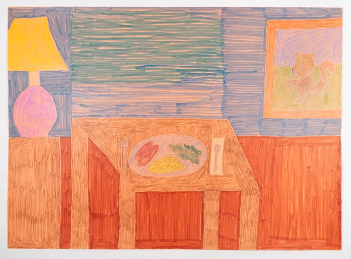 Colored pencil and marker still life artwork depicting a dinner table setting with a lamp and a framed picture of a squirrel. 