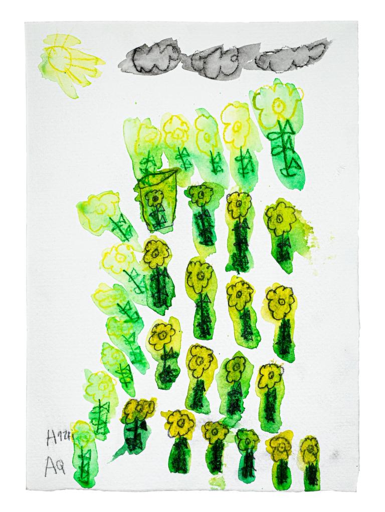 a small painting on paper of a field of yellow flowers, maybe sun flowers. their stems are dark green and they have bright yellow blooms. they are loosely painted with wet watercolor and arranged in a loose grid.