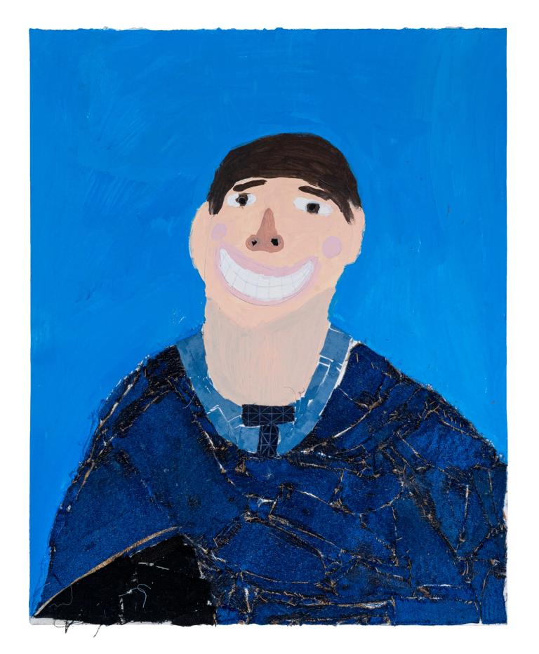 An expressive portrait painting depicts a person smiling, in a cap and gown at a graduation ceremony. They are centered against a bright, saturated blue background. The figure has short dark brown hair swept across the forehead, thick dark eyebrows, and large eyes gazing upward and to the side. 
