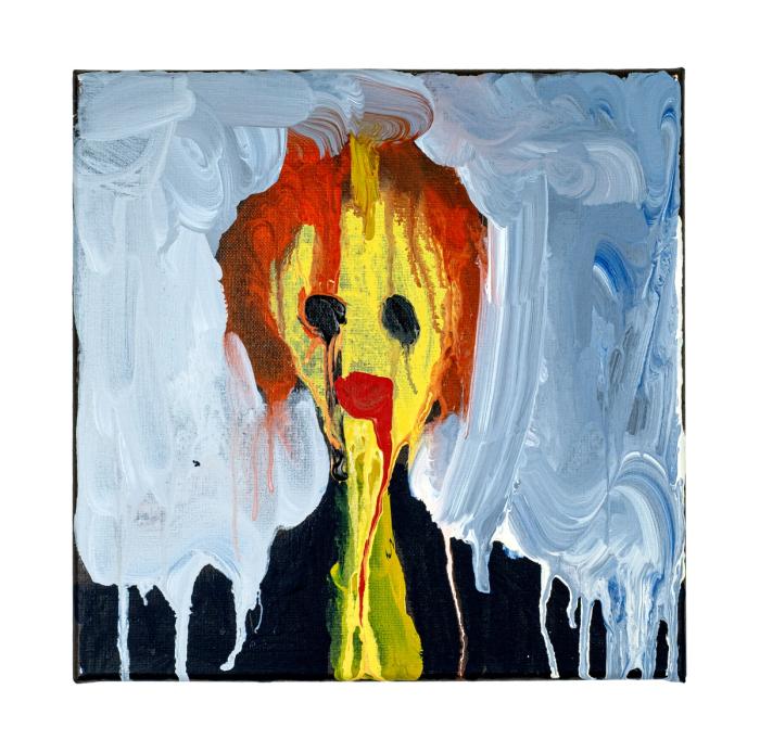 An abstract acrylic painting on canvas featuring a face with a red and yellow color scheme against a contrasting blue and black background.
