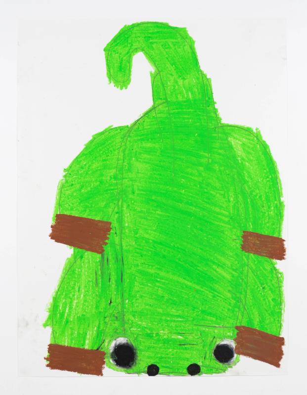 A whimsical artwork depicting an aerial view of a bright green amphibian set against a stark white background.