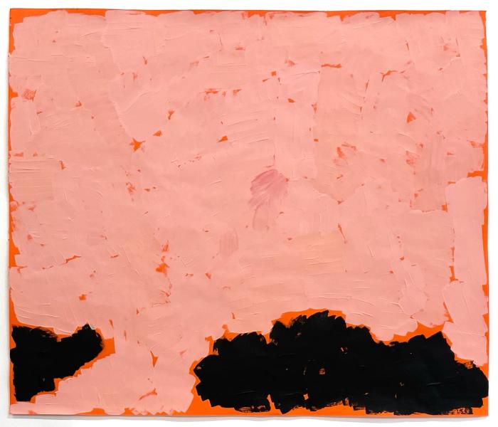 a large painting on orange paper thats almost all an orangey pink color. in the bottom there are two black shapes