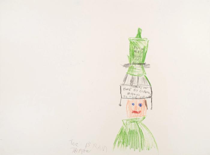 Colored pencil artwork on paper depicting a person with white skin wearing a green, cylindrical-shaped machine on their head, evoking themes of science fiction.