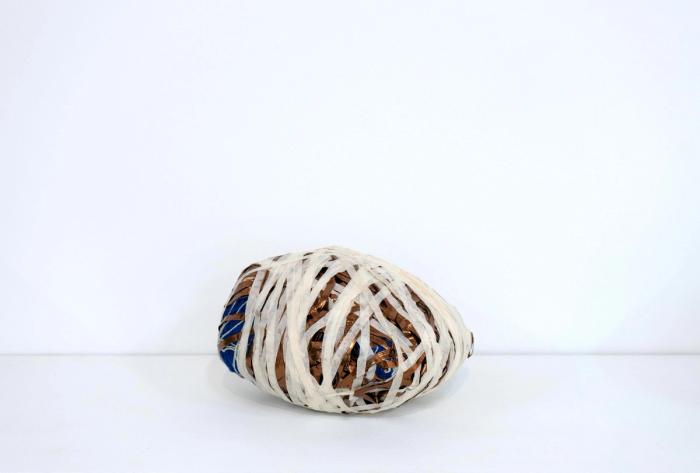 a small sculpture in the loose shape of a lentil or rounded mound made of various materials - tape, thin plastic strips